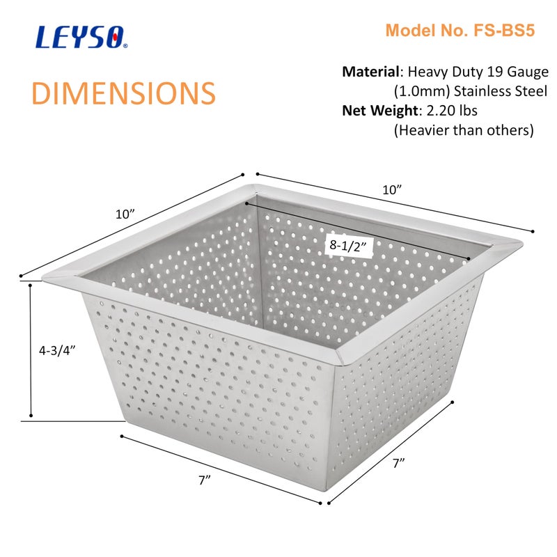 Leyso Stainless Steel Floor Sink Top Hang Basket Strainer Sink Drain Cover 10â€ x 10â€ x 4-3/4â€ for Kitchen, Restaurant, Bar, Buffet (4-3/4"H SS) - Image 4